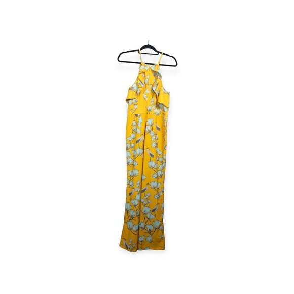 Anthropologie Varun Bahl Warbler yellow ruffle trim jumpsuit SZ 8 Heron Print - Picture 2 of 10